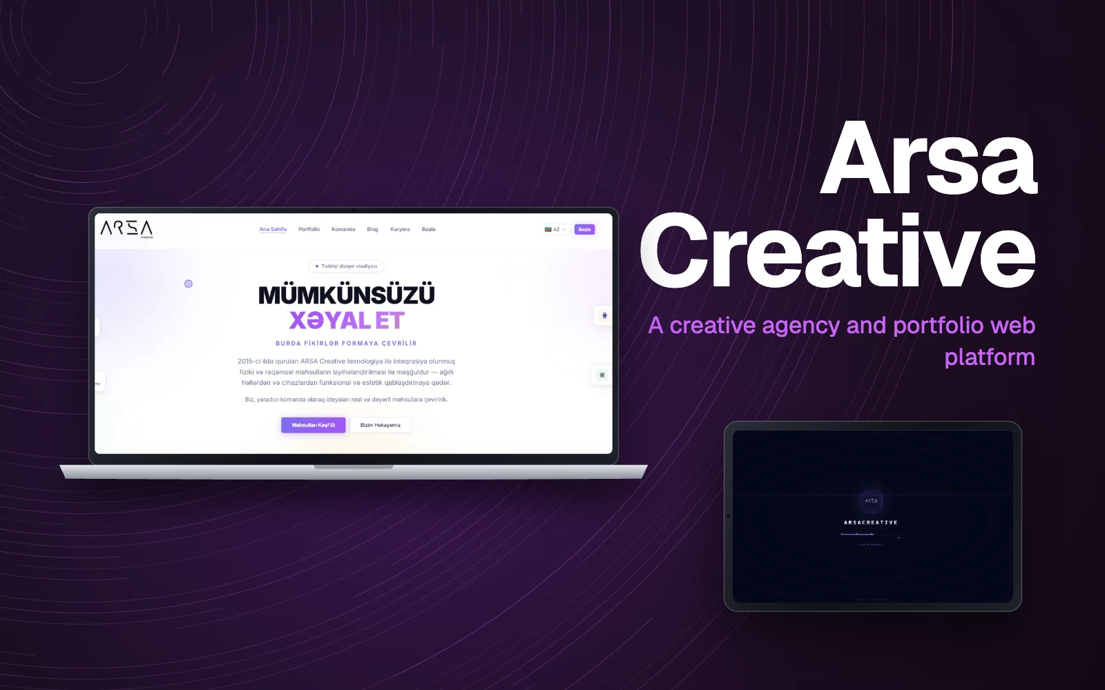 Arsa Creative veb tətbiqi noutbuk və planşet ekranında