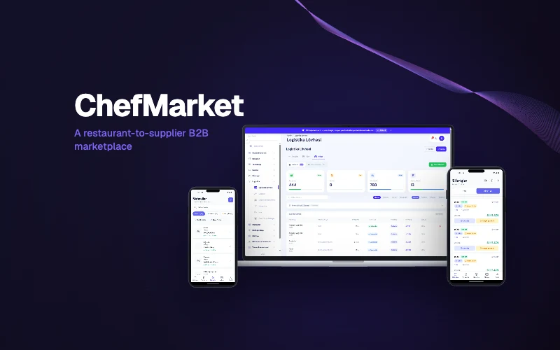 ChefMarket veb admin panelinin və mobil tətbiqin ekranları noutbuk və telefon çərçivələrində