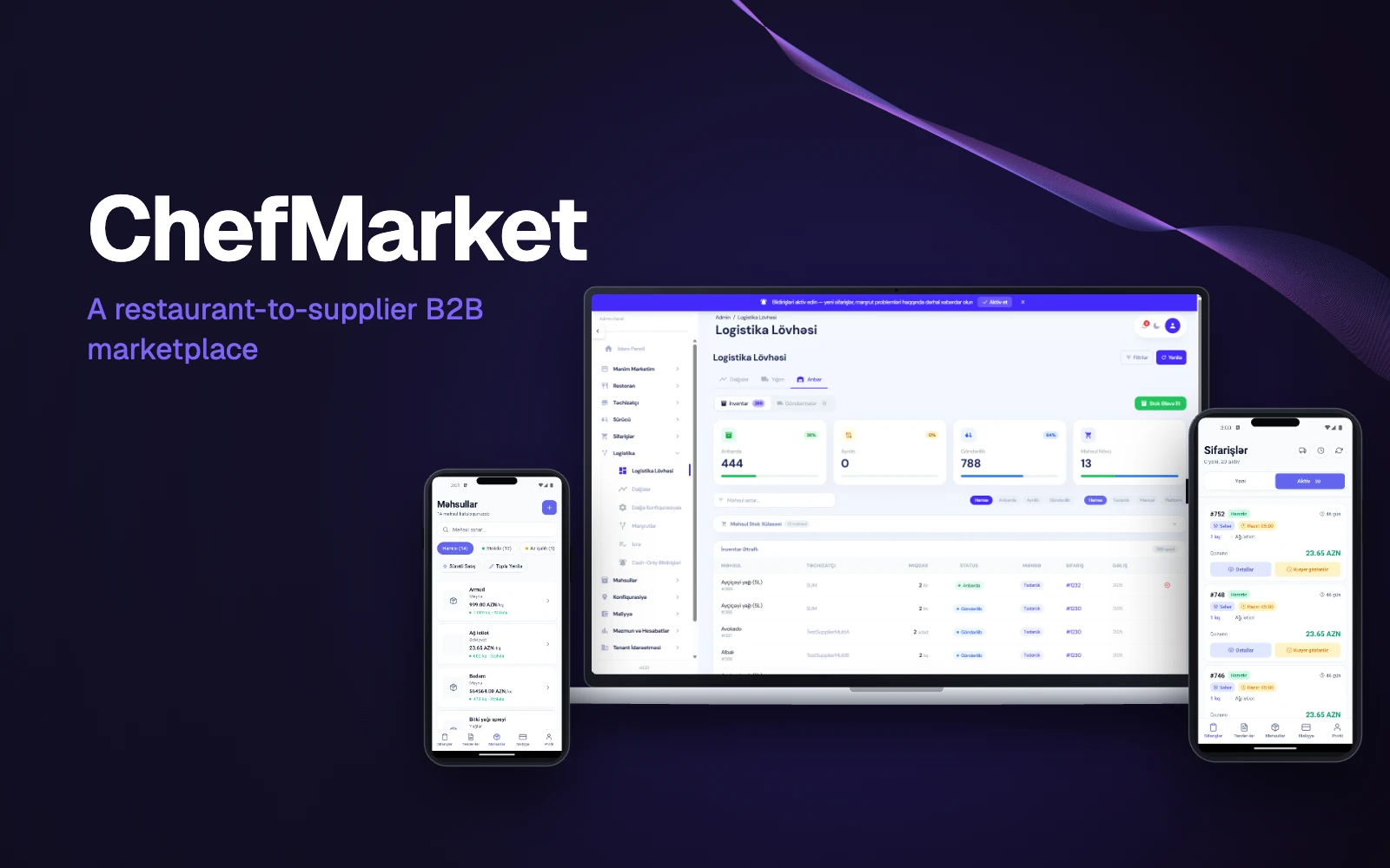 ChefMarket veb admin panelinin və mobil tətbiqin ekranları noutbuk və telefon çərçivələrində
