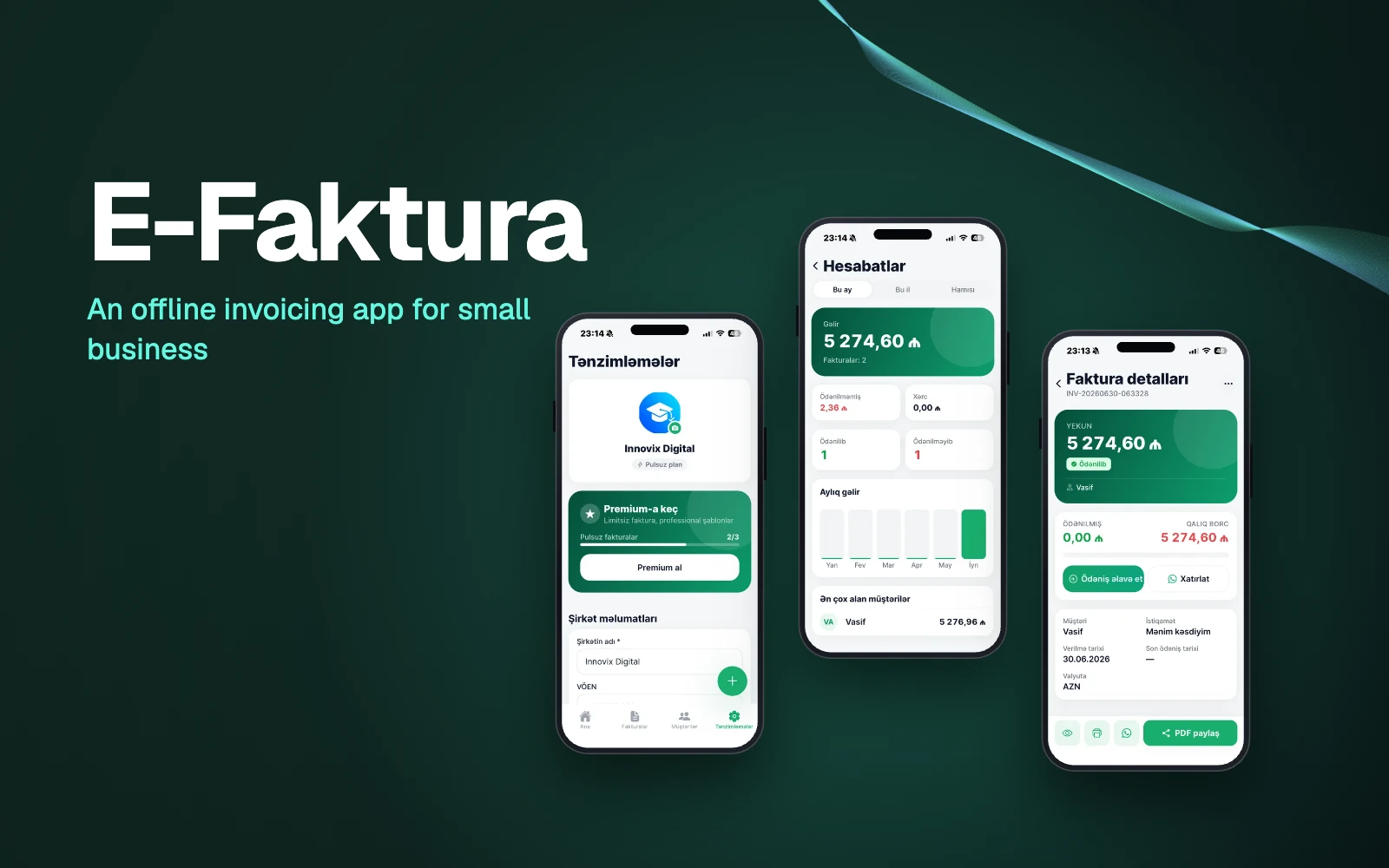 E-Faktura mobil tətbiqinin ekranları telefon çərçivələrində
