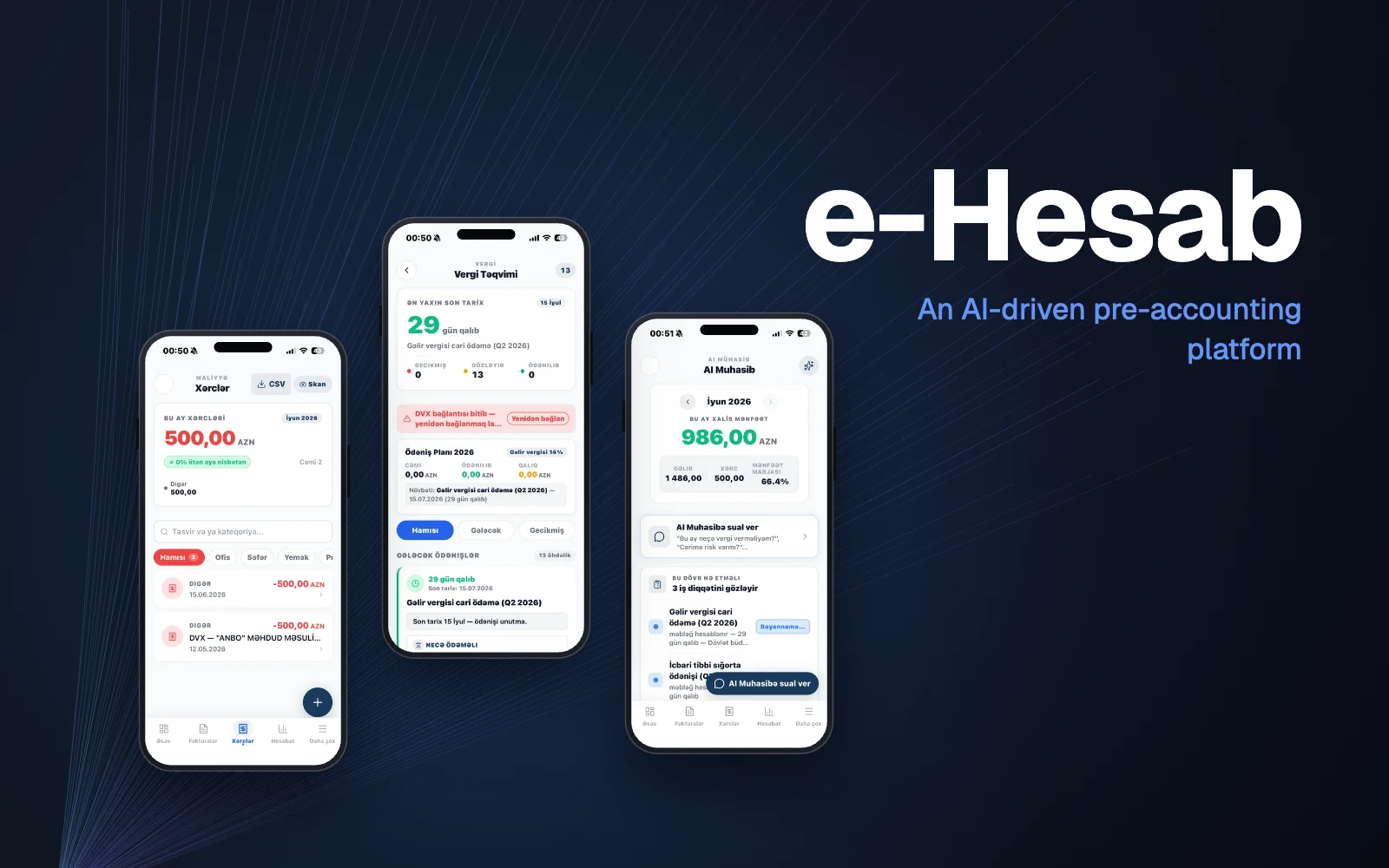 e-Hesab mobil tətbiqinin ekranları telefon çərçivələrində