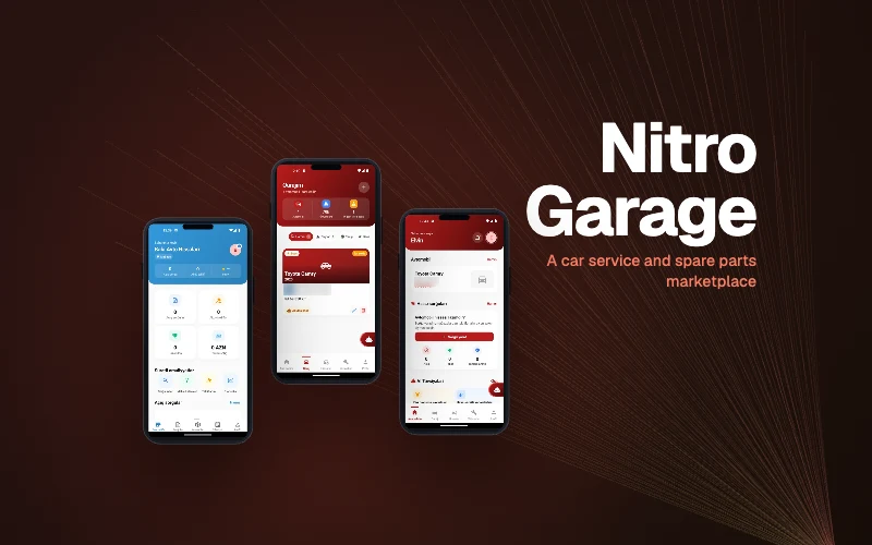 Nitro Garage mobil tətbiqinin ekranları telefon çərçivələrində