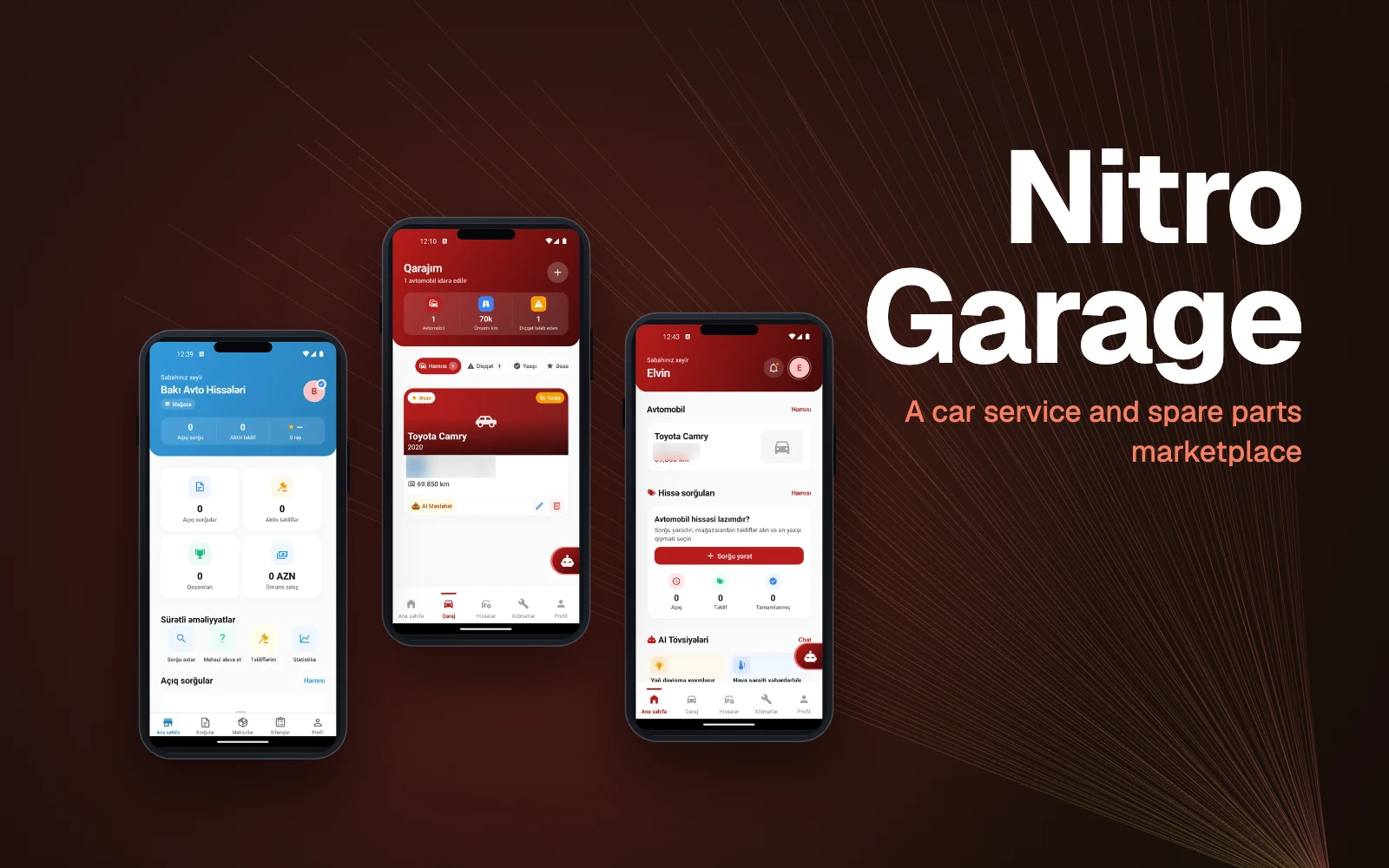 Nitro Garage mobil tətbiqinin ekranları telefon çərçivələrində