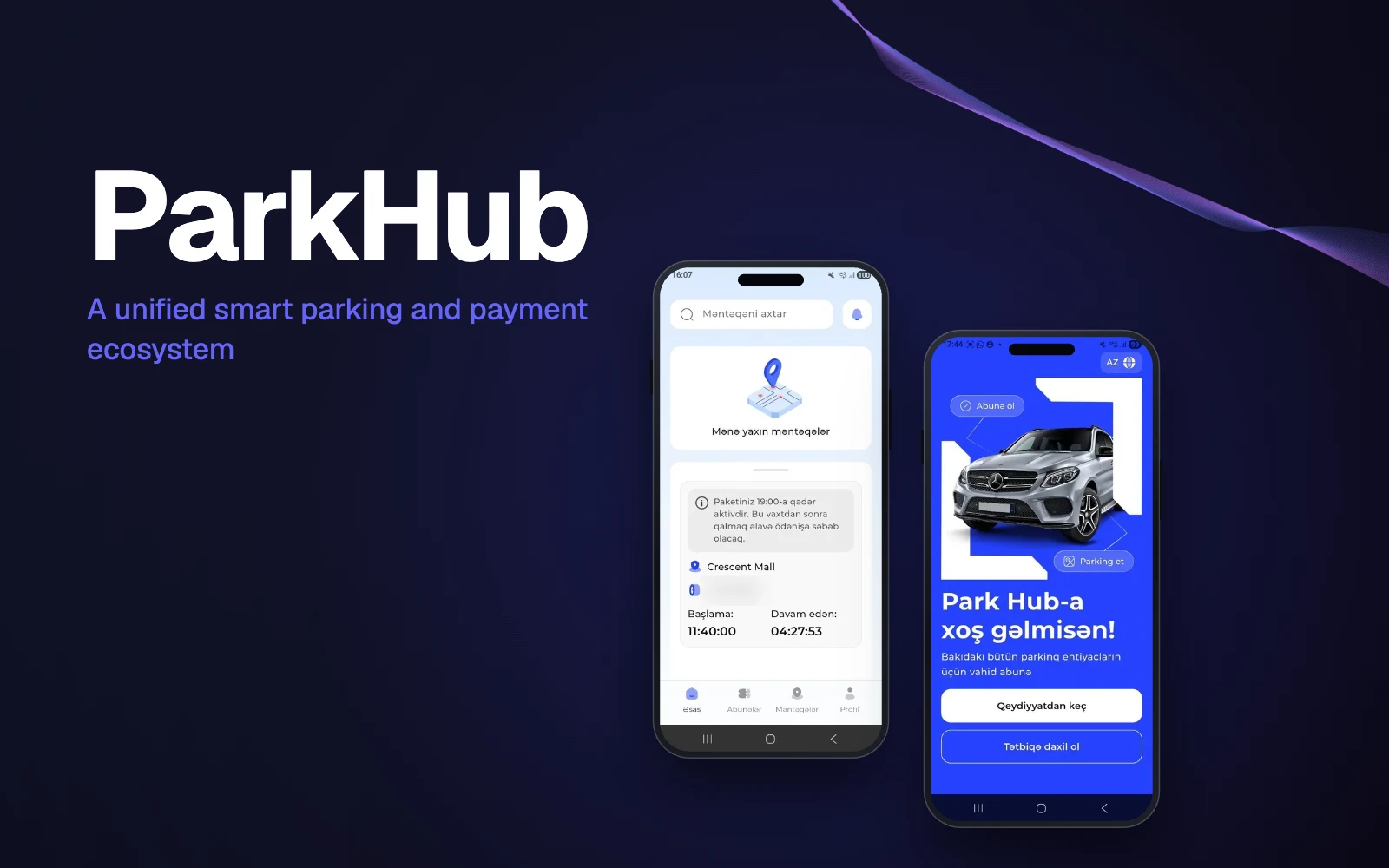 ParkHub mobil tətbiqinin ekranları telefon çərçivələrində