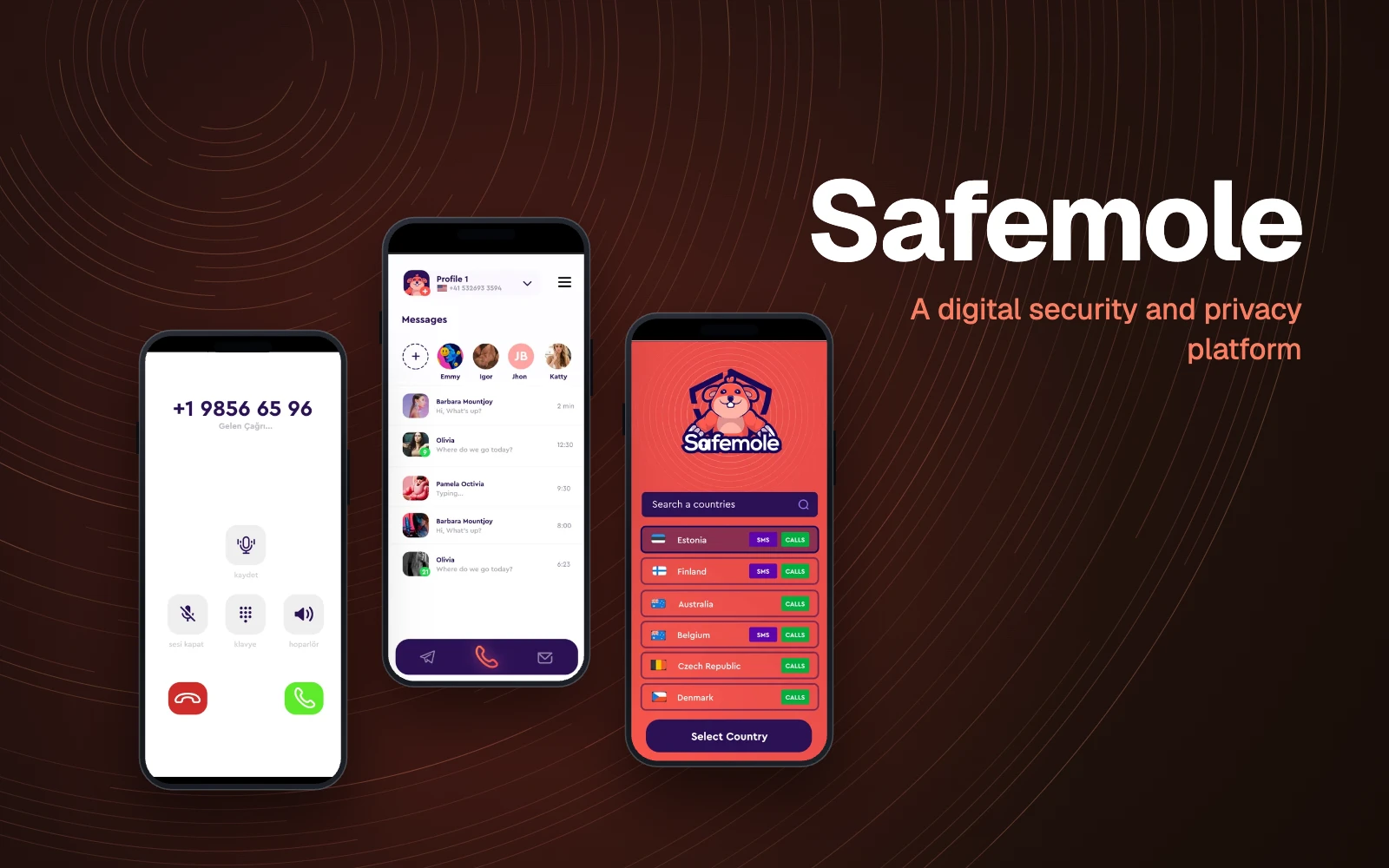 Safemole mobil tətbiqinin ekranları telefon çərçivələrində